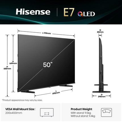 Hisense Τηλεόραση 50” Smart QLED 4K με Dolby Vision, Dolby Atmos & Game Mode PLUS 50E7Q