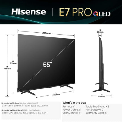 Hisense Τηλεόραση 55” Smart QLED 4K με Dolby Vision, Dolby Atmos & 144Hz Game Mode PRO 55E7Q
