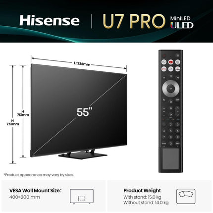Hisense Τηλεόραση 55” Smart QLED Mini LED 4K με Dolby Vision IQ, Dolby Atmos & Game Mode Ultra 55U7Q PRO