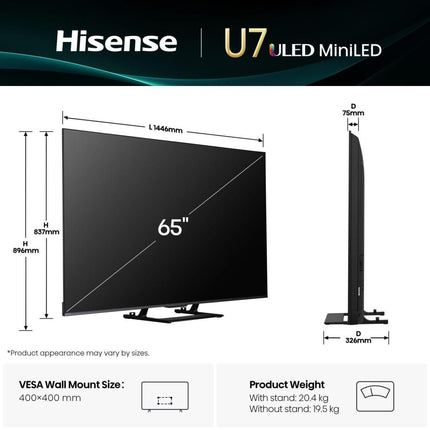 Hisense Τηλεόραση 65” Smart QLED Mini LED 4K με Dolby Vision IQ, Dolby Atmos & 144Hz Game Mode PRO 65U7Q
