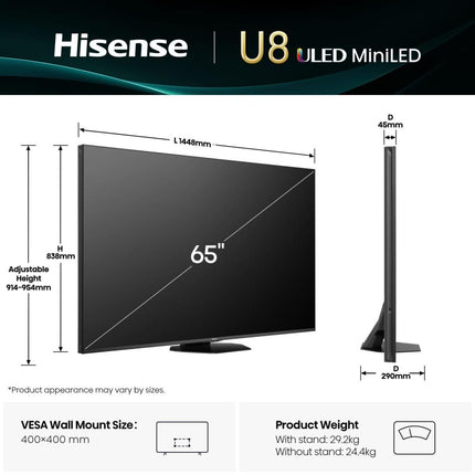 Hisense Τηλεόραση 65” Smart QLED Mini LED 4K με Dolby Vision IQ, Dolby Atmos & Game Mode Ultra 65U8Q