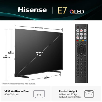 Hisense Τηλεόραση 75” Smart QLED 4K με Dolby Vision, Dolby Atmos & Game Mode Plus 75E7Q