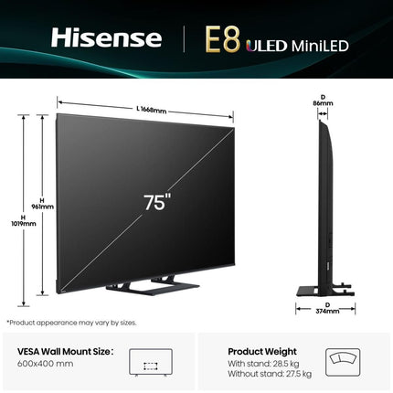Hisense Τηλεόραση 75” Smart QLED Mini LED 4K με Dolby Vision IQ, Dolby Atmos & 144Hz Game Mode PRO 75E8Q