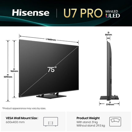 Hisense Τηλεόραση 75” Smart QLED Mini LED 4K με Dolby Vision IQ, Dolby Atmos & Game Mode Ultra 75U7Q