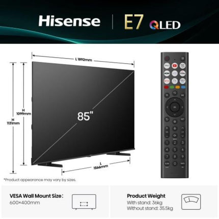 Hisense Τηλεόραση 85” Smart QLED 4K με Dolby Vision, Dolby Atmos & Game Mode Plus 85E7Q