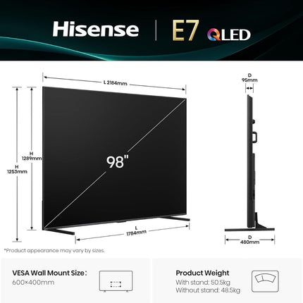 Hisense Τηλεόραση 98” Smart QLED 4K με Dolby Vision, Dolby Atmos & 144Hz Game Mode PRO 98E7Q