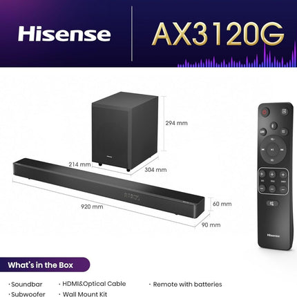 Hisense Soundbar 3.1.2 Καναλιών 360W με Dolby Atmos, Ασύρματο Subwoofer & DTS:X AX3120G