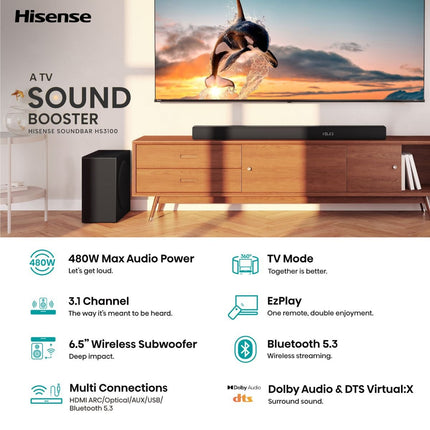 Hisense Soundbar 3.1 Καναλιών με Ασύρματο Subwoofer, Dolby Audio & DTS Virtual:X HS3100