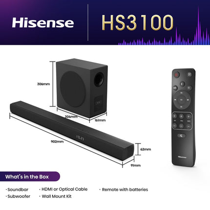 Hisense Soundbar 3.1 Καναλιών με Ασύρματο Subwoofer, Dolby Audio & DTS Virtual:X HS3100