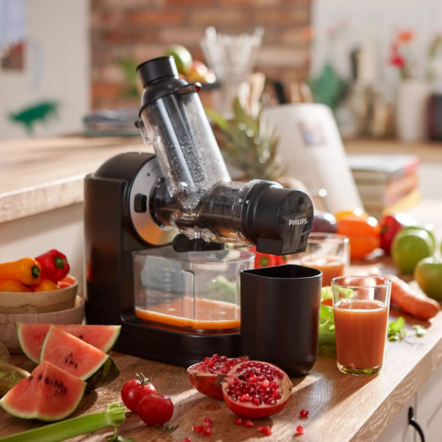 PHILIPS Viva Collection Αποχυμωτής Αργής Σύνθλιψης 150W με XL Σωλήνα Τροφοδοσίας, QuickClean & Λειτουργία Διακοπής Σταξίματος Μαύρο HR1889/70