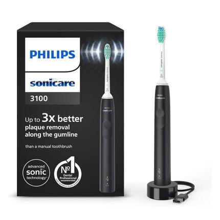 PHILIPS Sonicare 3100 Series 3100 Επαναφορτιζόμενη Ηλεκτρική Οδοντόβουρτσα με Τεχνολογία Sonic, Αισθητήρα Πίεσης για Αποτελεσματική Αφαίρεση Πλάκας Μαύρο HX3671/14