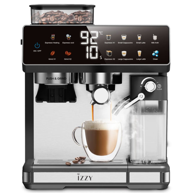 IZZY Barista Expert Ημιαυτόματη Μηχανή Espresso 1450W 20 Bar, Ενσωματωμένος Μύλος με 20 Ρυθμίσεις, Οθόνη Αφής, Cold Brew & Αφρογαλιέρα IZ-6028, Μαύρο