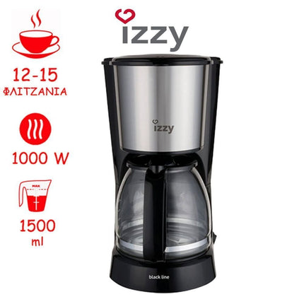 IZZY Black Line Καφετιέρα Φίλτρου 1000W με Γυάλινη Κανάτα 1.5L Ασημί