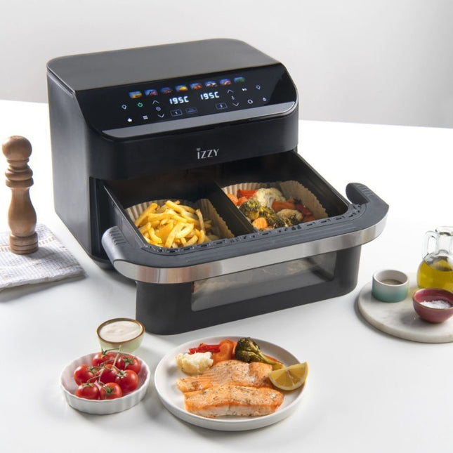 IZZY Digital Φριτέζα Αέρος Dual XXXL 11Lt με Διπλό Αποσπώμενο Κάδο & ΔΩΡΟ 30 Αντικολλητικά Χαρτιά Ψησίματος