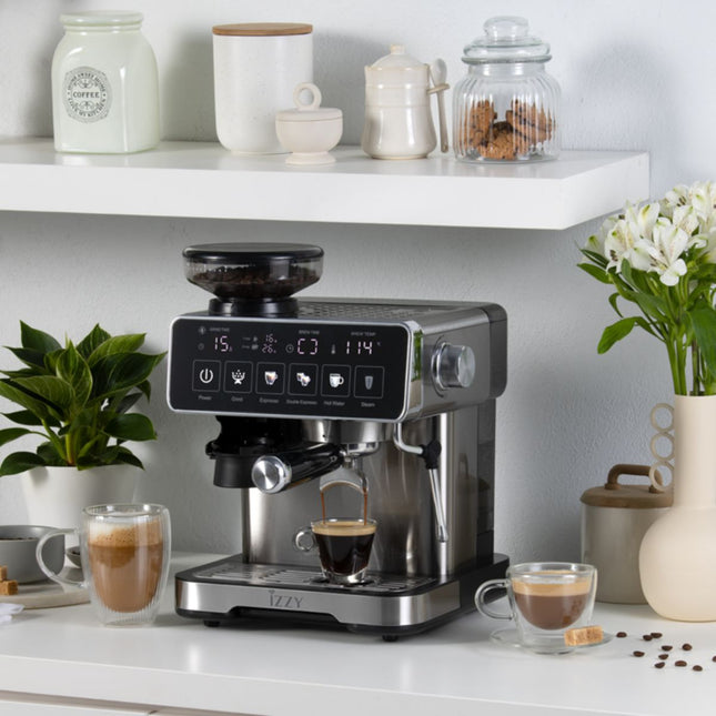 IZZY Ημιαυτόματη Μηχανή Espresso Home Barista 20 Bar με Μύλο Καφέ,  20 Ρυθμίσεις Άλεσης και Αφαιρούμενο Δοχείο Νερού 2L IZ-6026