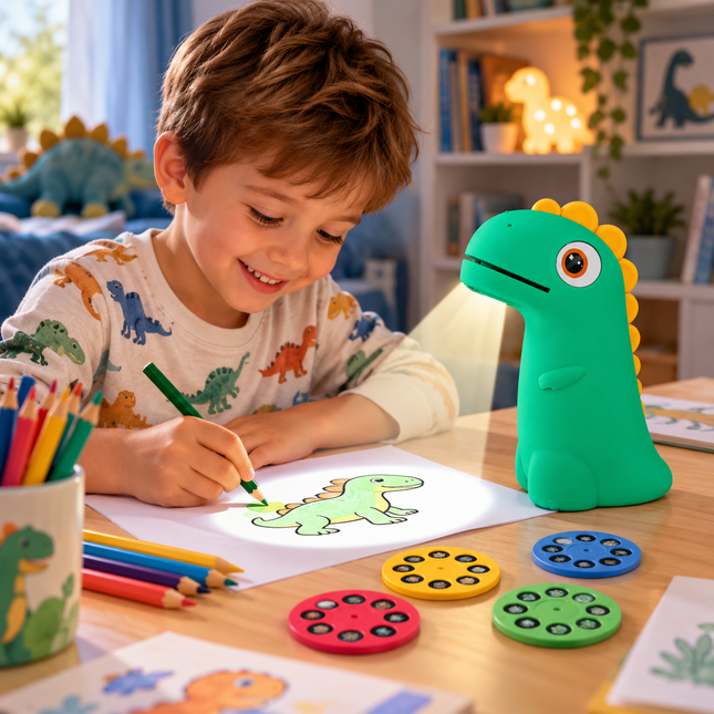 KIDDOBOO Dino’s Art Παιδικός Προτζέκτορας Ζωγραφικής με 32 Σχέδια & Φωτάκι Νυκτός KBTY02GRN Πράσινο, 4+ Ετών
