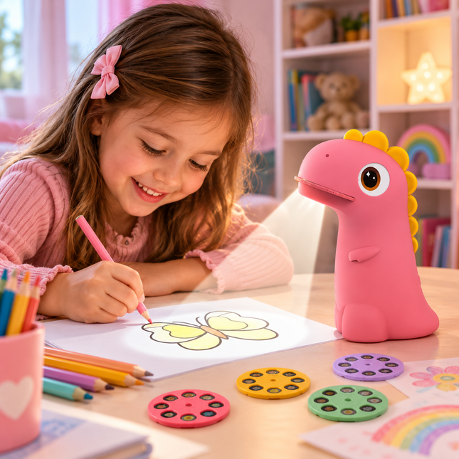 KIDDOBOO Dino’s Art Παιδικός Προτζέκτορας Ζωγραφικής με 32 Σχέδια & Φωτάκι Νυκτός KBTY02PNK Ροζ, 4+ Ετών
