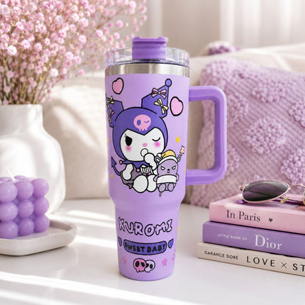Kuromi Θερμός Ποτήρι Ταξιδιού 1200ml με Χερούλι & Καλαμάκι Μωβ