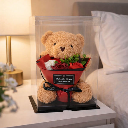 Λούτρινο Αρκουδάκι με Ανθοδέσμη Τριαντάφυλλων σε Κουτί Δώρου