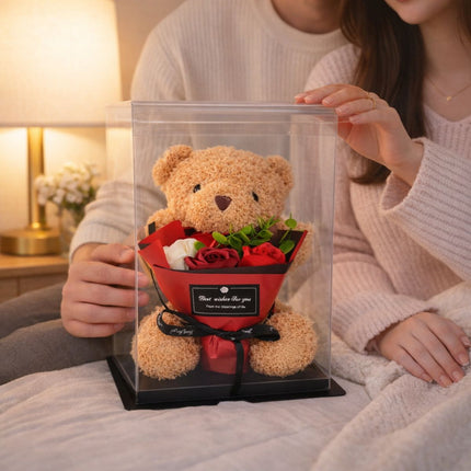 Λούτρινο Αρκουδάκι με Ανθοδέσμη Τριαντάφυλλων σε Κουτί Δώρου