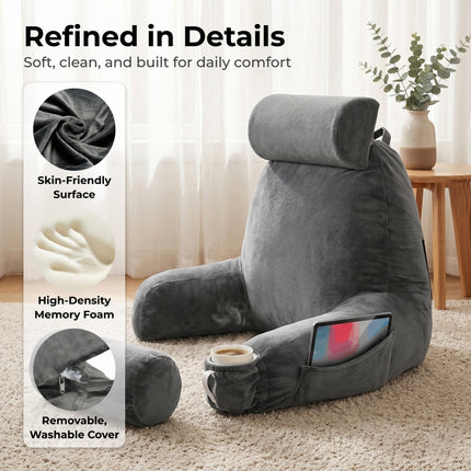 Lumivida Reading Pillow Μαξιλάρι Ανάγνωσης με Στήριξη Πλάτης, Μπράτσα, Θήκες για Ποτήρι & Tablet Γκρι