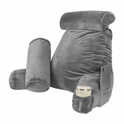 Lumivida Reading Pillow Μαξιλάρι Ανάγνωσης με Στήριξη Πλάτης, Μπράτσα, Θήκες για Ποτήρι & Tablet Γκρι