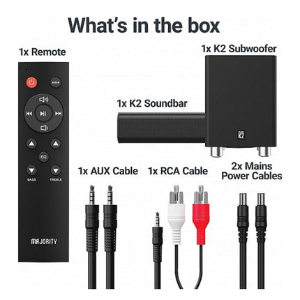 Majority K2 Soundbar 2.1 150W με Ασύρματο Subwoofer, Bluetooth & HDMI ARC