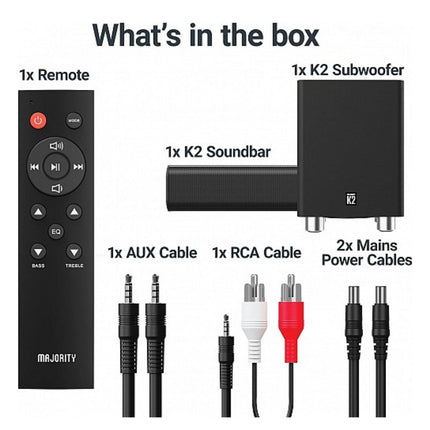 Majority K2 Soundbar 2.1 150W με Ασύρματο Subwoofer, Bluetooth & HDMI ARC