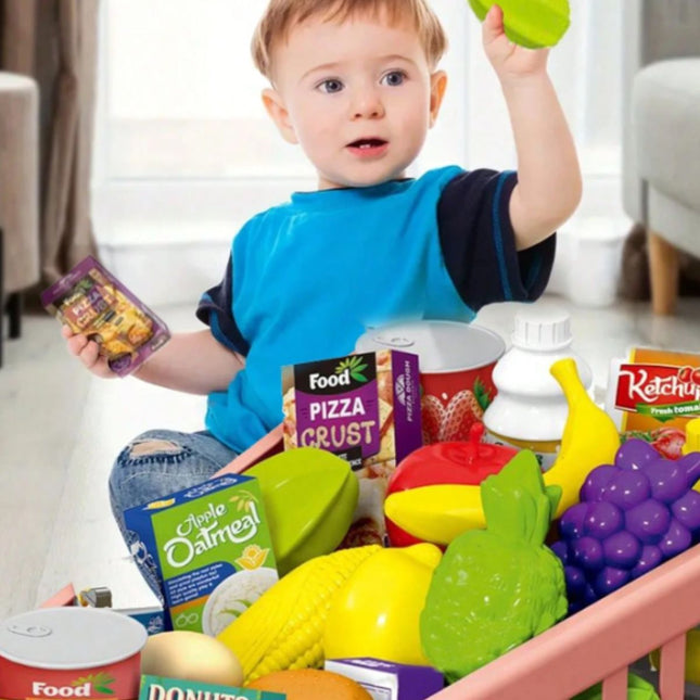 Παιδικό Καρότσι Σούπερ Μάρκετ με 56 Τεμάχια για Δημιουργικό Παιχνίδι Ροζ, 3+ Ετών