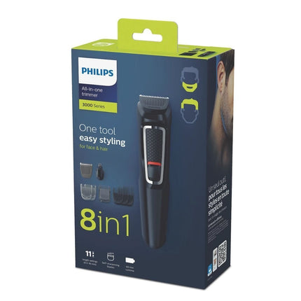 PHILIPS 3000 Series Multigroom 8σε1 Επαναφορτιζόμενο Τρίμερ για Πρόσωπο & Μαλλιά με 8 Εξαρτήματα Περιποίησης, Ρυθμιζόμενη Χτένα 3-7mm & έως 60 Λεπτά Χρόνο Λειτουργίας MG3730/15