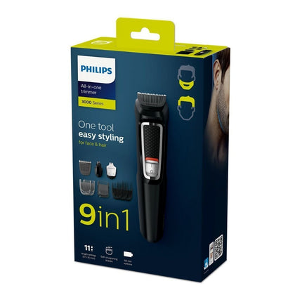 PHILIPS Series 3000 Multigroom 9σε1 Επαναφορτιζόμενη Κουρευτική Μηχανή για Πρόσωπο & Μαλλιά με 9 Λειτουργίες, Αυτοακονιζόμενες Λεπίδες, Ρυθμιζόμενες Χτένες & έως 60 Λεπτά Χρόνο Λειτουργίας MG3740/15