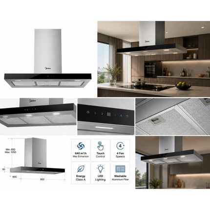 MIDEA MH90I4300X-CYP Απορροφητήρας Νησίδας 90cm με Απορροφητικότητα 640m³/h, 4 Ταχύτητες, Χειρισμό Αφής & Φωτισμό LED, Inox με Μαύρο Γυαλί