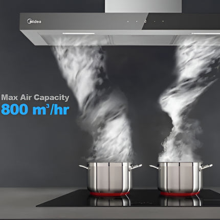 MIDEA MH90I4300X-CYP Απορροφητήρας Νησίδας 90cm με Απορροφητικότητα 640m³/h, 4 Ταχύτητες, Χειρισμό Αφής & Φωτισμό LED, Inox με Μαύρο Γυαλί