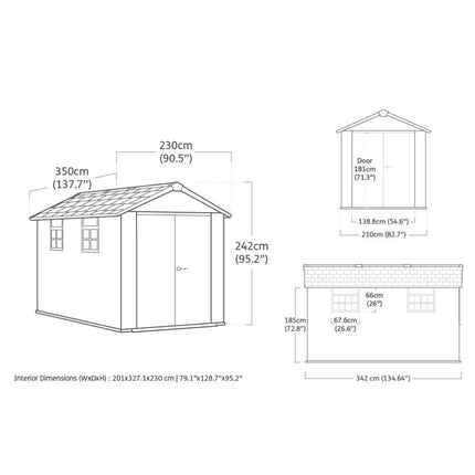 KETER Oakland Εξωτερική Πλαστική Αποθήκη Κήπου 7.5x11ft με Διπλό Τοίχωμα, Δάπεδο, 2 Παράθυρα & Φεγγίτη 230 x 324 x 242 cm
