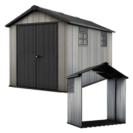 KETER Oakland 7.5x13ft Αποθήκη Κήπου 287 x 230 x 242 cm με Ενσωματομένο Δάπεδο, Φεγγίτη, 2 Παράθυρα & Σετ Επέκτασης 242 x 230 x 126 cm