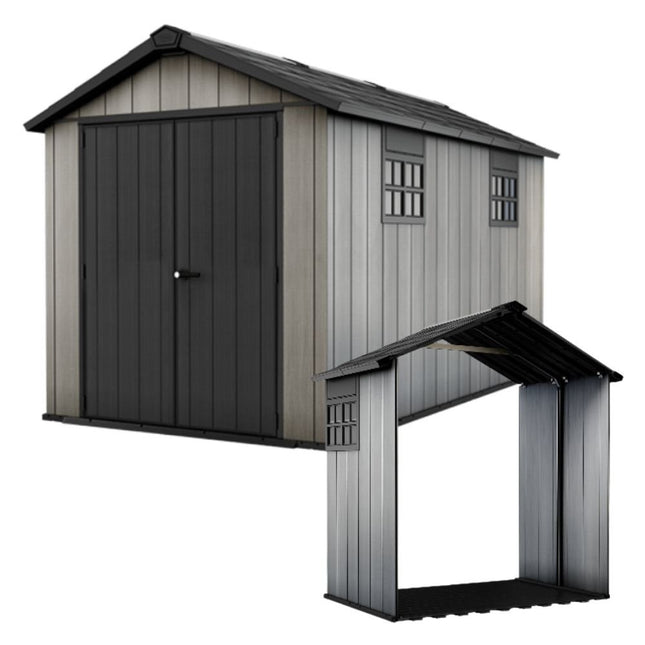 KETER Oakland 7.5x13ft Αποθήκη Κήπου 287 x 230 x 242 cm με Ενσωματομένο Δάπεδο, Φεγγίτη, 2 Παράθυρα & Σετ Επέκτασης 242 x 230 x 126 cm