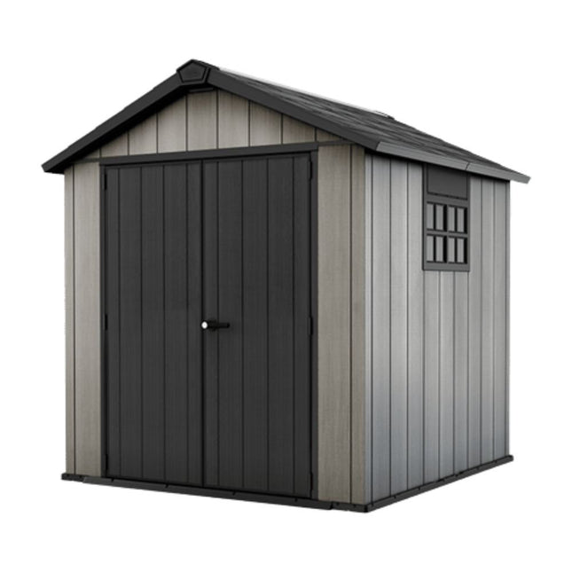 KETER Oakland 7.5x7ft Αποθήκη Κήπου 230 x 223.8 x 242 cm, Ρητινώδης Κατασκευή με Ξύλινη Όψη, Παράθυρο, Δάπεδο & Φεγγίτη