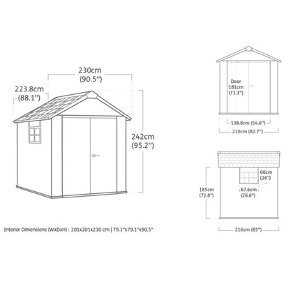 KETER Oakland 7.5x7ft Αποθήκη Κήπου 230 x 223.8 x 242 cm, Ρητινώδης Κατασκευή με Ξύλινη Όψη, Παράθυρο, Δάπεδο & Φεγγίτη