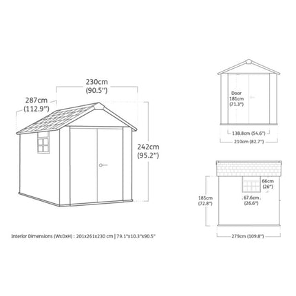 KETER Oakland 7.5x9ft Αποθήκη Κήπου 287 x 229 x 242 cm,  Ρητινώδης Κατασκευή με Ξύλινη Όψη, Παράθυρο &amp; Δάπεδο
