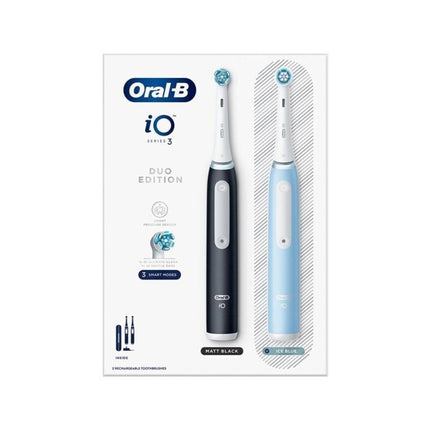 ORAL-B iO3 DUO Ηλεκτρική Οδοντόβουρτσα Μαύρο &amp; Μπλε με Αισθητήρα Πίεσης και Θήκη Ταξιδίου (2 Τεμάχια)