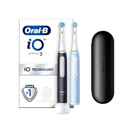 ORAL-B iO3 DUO Ηλεκτρική Οδοντόβουρτσα Μαύρο &amp; Μπλε με Αισθητήρα Πίεσης και Θήκη Ταξιδίου (2 Τεμάχια)