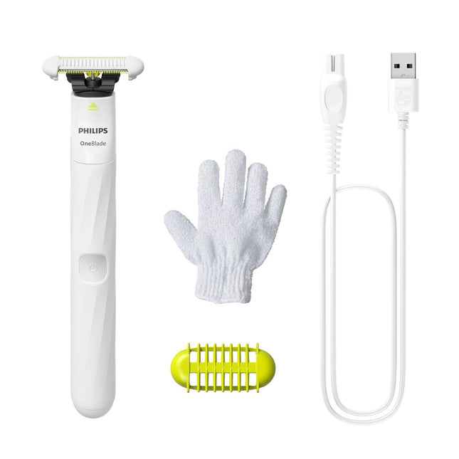 Philips OneBlade Intimate Γυναικεία Επαναφορτιζόμενη Ξυριστική και Τριμαριστική Συσκευή με Λεπίδα SkinProtect, Χτένα, Γάντι & Αυτονομία έως 30 Λεπτά QP1924/24 Άσπρο