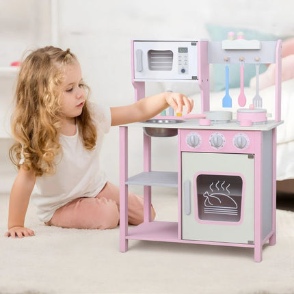 PHOOHI Ξύλινη Παιδική Κουζίνα με Ροζ Πριγκιπικό Στυλ