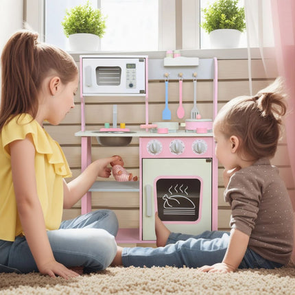 PHOOHI Ξύλινη Παιδική Κουζίνα με Ροζ Πριγκιπικό Στυλ