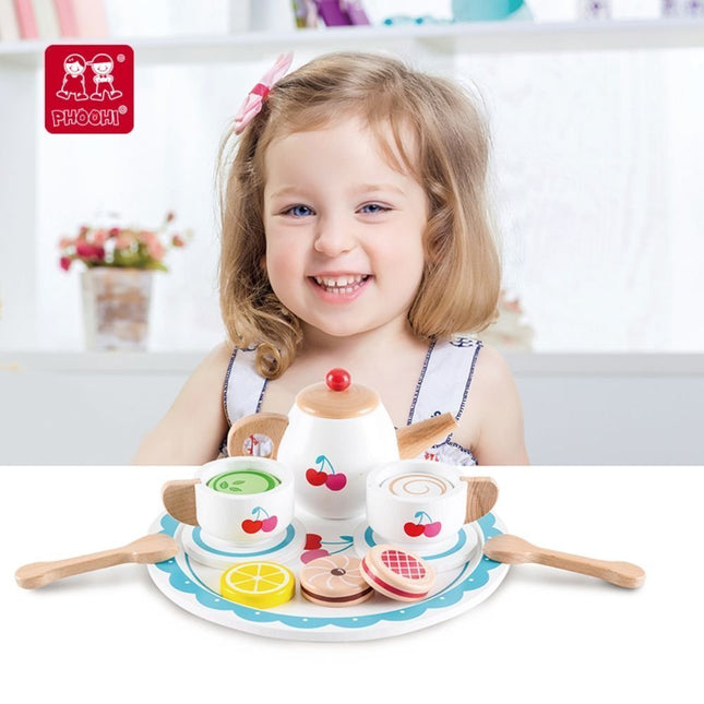 PHOOHI Ξύλινο Σετ Τσαγιού με Δίσκο & Αξεσουάρ, Δημιουργικό Παιχνίδι Ρόλων για Παιδιά από 3 Ετών