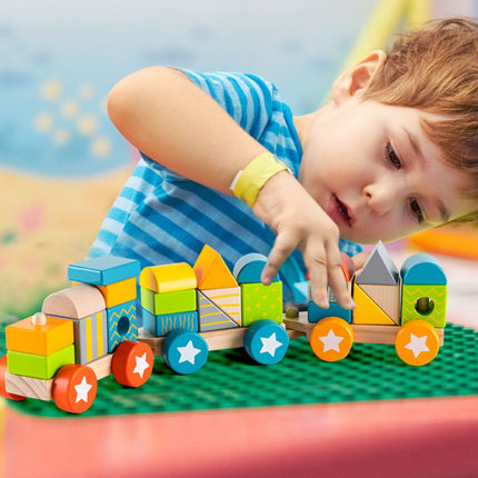 PHOOHI Ξύλινο Τρενάκι Στοίβαξης με Πολύχρωμα Τουβλάκια, Εκπαιδευτικό Παιχνίδι για Παιδιά από 18 Μηνών