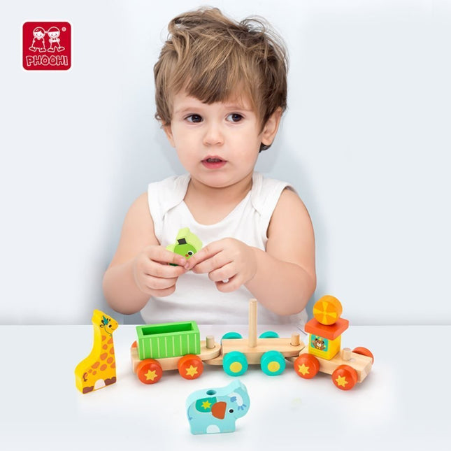 PHOOHI Ξύλινο Εκπαιδευτικό Τρενάκι με Τουβλάκια, Παιχνίδι Στοίβαξης & Κατασκευών για Παιδιά από 18 Μηνών