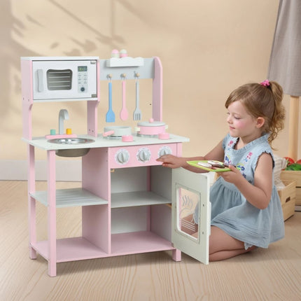 PHOOHI Ξύλινη Παιδική Κουζίνα με Ροζ Πριγκιπικό Στυλ