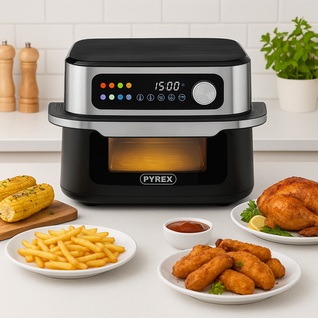PYREX Ψηφιακό Air Fryer XXL Φριτέζα Αέρος 1700W με Χωρητικότητα 10.5L, Οθόνη Αφής, Χρονοδιακόπτη, 8 Προγράμματα και Δώρο 30 Τεμάχια Αντικολλητικά Χαρτιά & Βιβλίο Συνταγών (SB-1830)