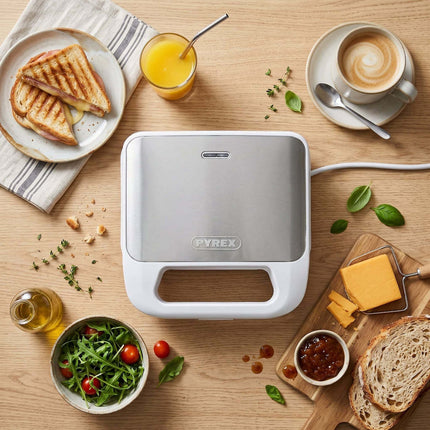 Pyrex Τοστιέρα 800W για 2 Τοστ, Αποσπώμενες Πλάκες με Ραβδώσεις, Αντιθερμική Λαβή SB-298, Λευκή